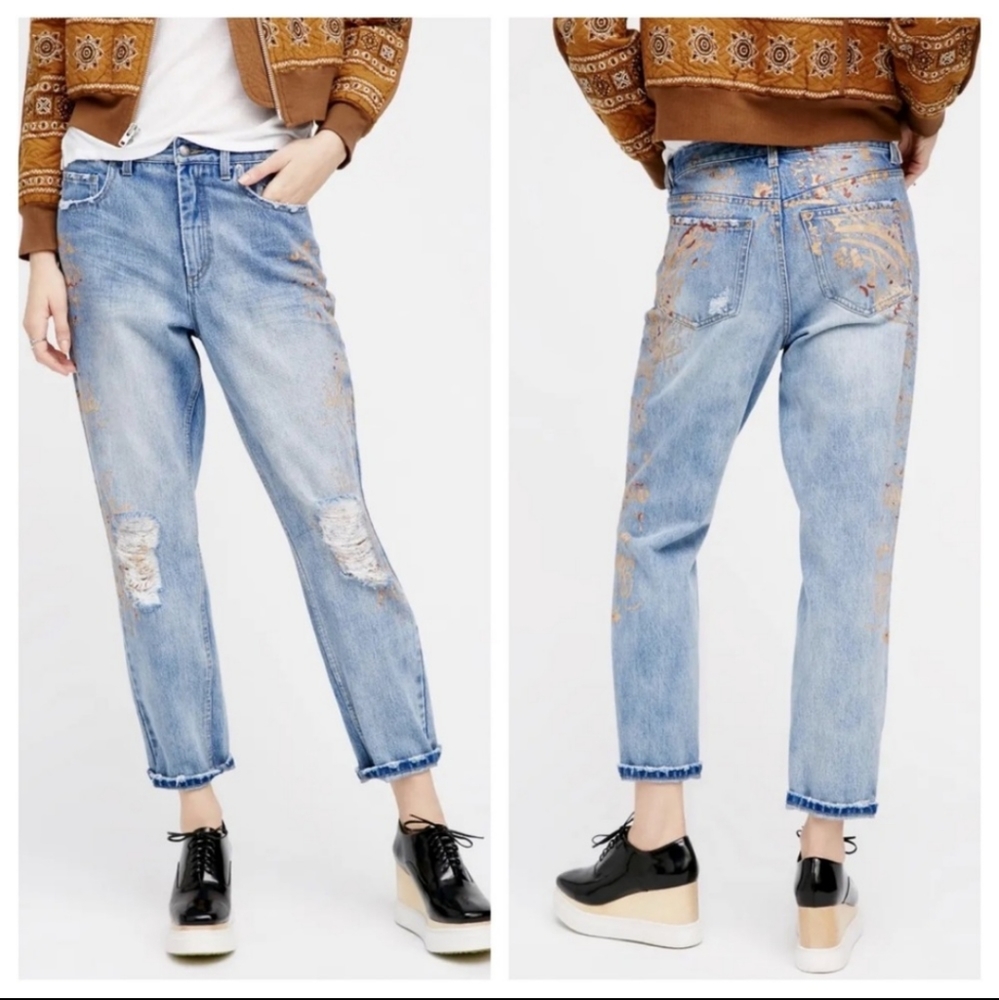 Free People Distressed High-Rise Slim-Leg Jeans w/Metallic Stencil Design Sz 26